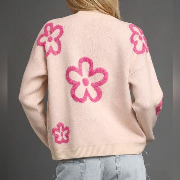 Umgee Round Neck Sweater with Pink Floral Kawaii Large Flower Sz S M - Picture 6 of 8